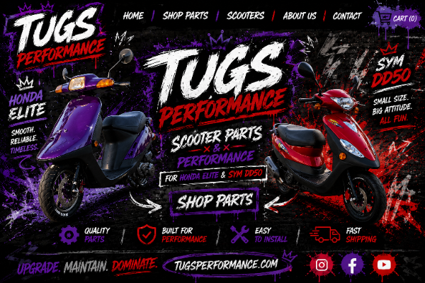Tug's Performance — JDM scooter performance parts for Honda Dio, Elite, and SYM. Shop parts.